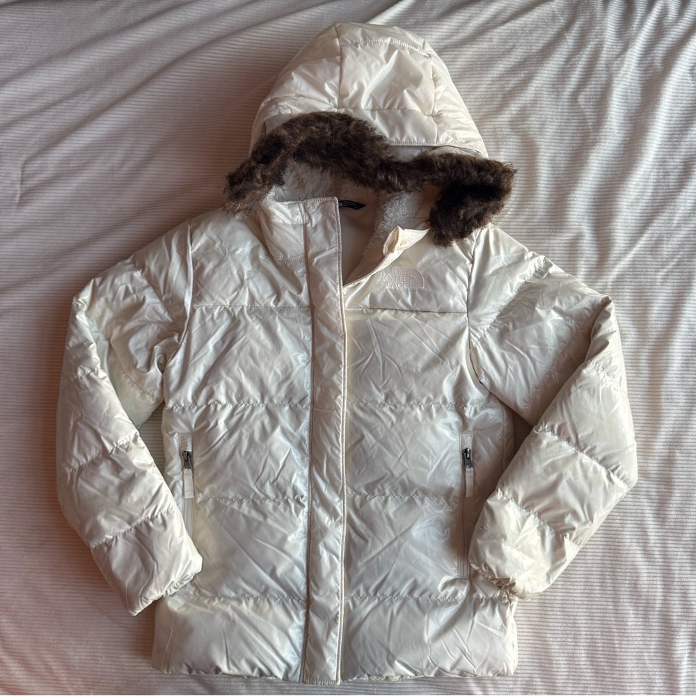 The North Face Girls Winter Puffer Coat M White Faux Fur Trim Casual